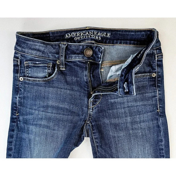 American Eagle Outfitters Size 2 Long Super Stretch Skinny Blue Denim Logo Jeans - Picture 11 of 13